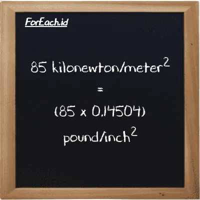 How to convert kilonewton/meter<sup>2</sup> to pound/inch<sup>2</sup>: 85 kilonewton/meter<sup>2</sup> (kN/m<sup>2</sup>) is equivalent to 85 times 0.14504 pound/inch<sup>2</sup> (psi)
